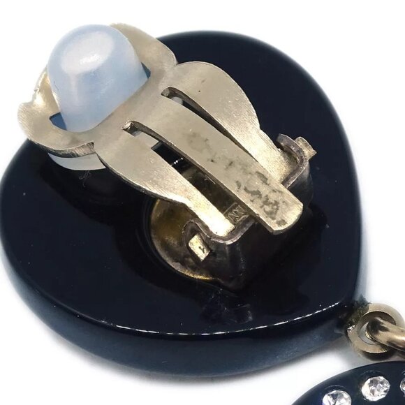 Chanel Rhinestone CC Heart Dangle Earrings Clip-On Black 09C 161982 - Picture 3 of 4